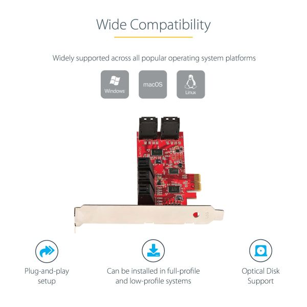 StarTech.com SATA PCIe Kaart, 10 Port PCIe SATA Uitbreidingskaart, 6Gbps, Low/Full Profile, Stacked SATA Connectors, ASM1062 Non-Raid, PCI Express naar SATA Converter/Adapter (10P6G-PCIE-SATA-CARD)