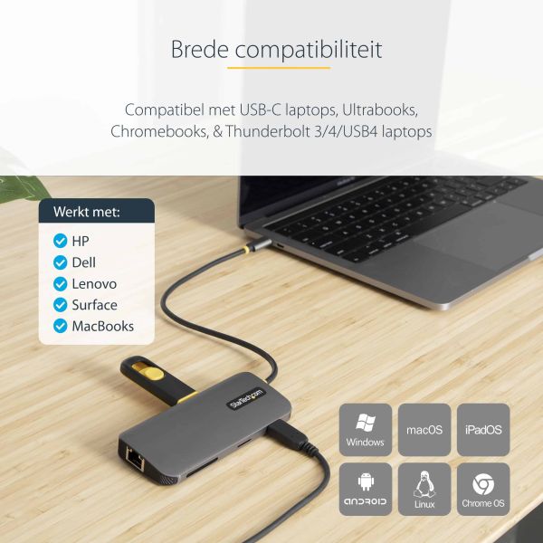 StarTech.com USB C Multiport Adapter, 4K 60Hz HDMI Video, 3 Port 5Gbps USB-A Hub, 100W USB Power Delivery Pass-Through, GbE, SD/MicroSD, 30cm Kabel, Travel Dock, Laptop Docking Station (115B-USBC-MULTIPORT)