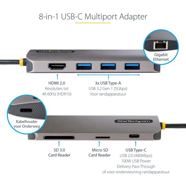 StarTech.com USB C Multiport Adapter, 4K 60Hz HDMI Video, 3 Port 5Gbps USB-A Hub, 100W USB Power Delivery Pass-Through, GbE, SD/MicroSD, 30cm Kabel, Travel Dock, Laptop Docking Station (115B-USBC-MULTIPORT)