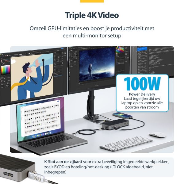 StarTech.com USB-C Triple Monitor Docking Station - HDMI/DP Triple 4k USB-C Dock - 5x USB Hub - GbE - 100W PD - Universeel Multi Monitor Docking Station - Thunderbolt 3/4 Compatibel (116E-USBC-DOCK)