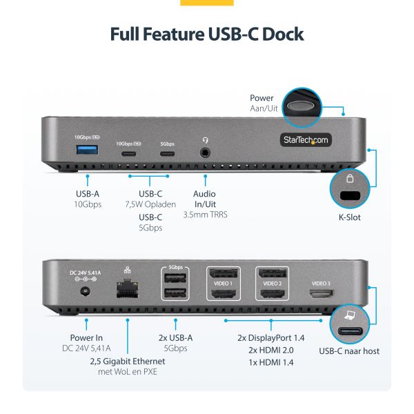 StarTech.com USB-C Triple Monitor Docking Station - HDMI/DP Triple 4k USB-C Dock - 5x USB Hub - GbE - 100W PD - Universeel Multi Monitor Docking Station - Thunderbolt 3/4 Compatibel (116E-USBC-DOCK)