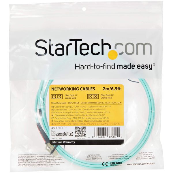 StarTech.com 2m LC/UPC naar LC/UPC OM4 Multimode Glasvezel Netwerkkabel, 50/125µm LOMMF/VCSEL Zipcord Fiber, 100G Netwerken, Low Insertion Loss, LSZH Fiber Patch Kabel (450FBLCLC2)