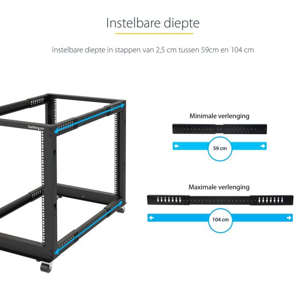 StarTech.com 4-Post 12U Mobiel Open Frame Server Rack, 19" Patchkast met Wielen en 4 Stijlen, Open Serverkast met Verstelbare Diepte voor Computer / AV / Netwerk Apparatuur - Wielen, Stelvoeten of Vloermontage (4POSTRACK12U)