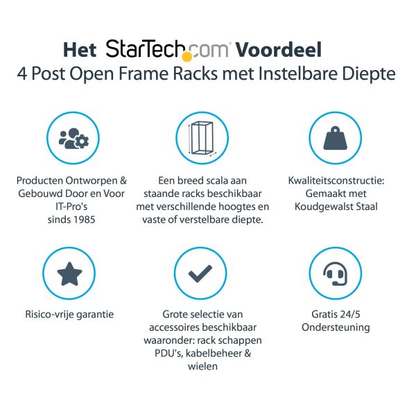 StarTech.com 4-Post 12U Mobiel Open Frame Server Rack, 19" Patchkast met Wielen en 4 Stijlen, Open Serverkast met Verstelbare Diepte voor Computer / AV / Netwerk Apparatuur - Wielen, Stelvoeten of Vloermontage (4POSTRACK12U)