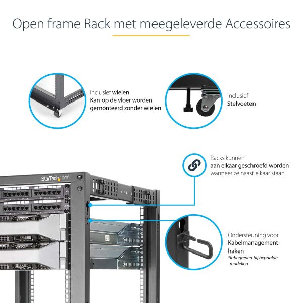 StarTech.com 4-Post 12U Mobiel Open Frame Server Rack, 19" Patchkast met Wielen en 4 Stijlen, Open Serverkast met Verstelbare Diepte voor Computer / AV / Netwerk Apparatuur - Wielen, Stelvoeten of Vloermontage (4POSTRACK12U)