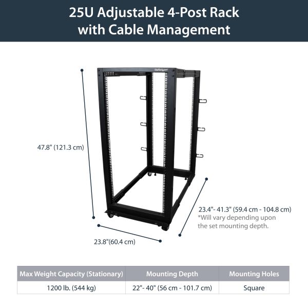 StarTech.com 25U open-frame server rack kast met 4 stijlen met instelbare diepte incl. zwenkwielen/stelpoten en kabelhaken (4POSTRACK25U)