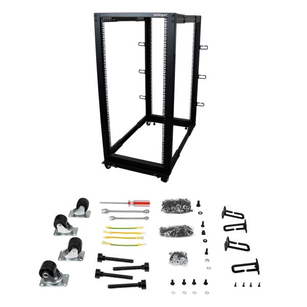 StarTech.com 25U open-frame server rack kast met 4 stijlen met instelbare diepte incl. zwenkwielen/stelpoten en kabelhaken (4POSTRACK25U)