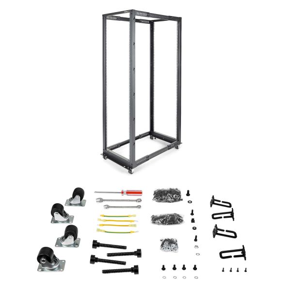 StarTech.com 4-Post 42U Mobiel Open Frame Server Rack, 19" Patchkast met Wielen en 4 Stijlen, Open Serverkast met Verstelbare Diepte voor Computer / AV / Netwerk Apparatuur - Wielen, Stelvoeten of Vloermontage (4POSTRACK42)