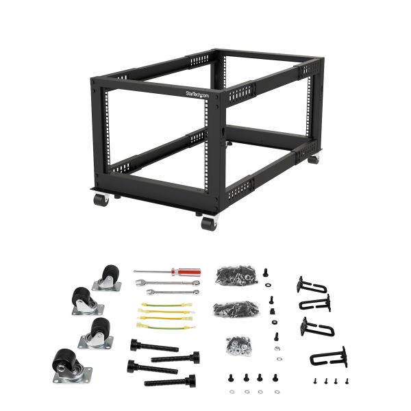 StarTech.com 4-Post 8U Mobiel Open Frame Server Rack, 19" Patchkast met Wielen en 4 Stijlen, Kleine Serverkast met Verstelbare Diepte voor Computer / AV / Netwerk Apparatuur - Wielen, Stelvoeten of Vloermontage (4POSTRACK8U)