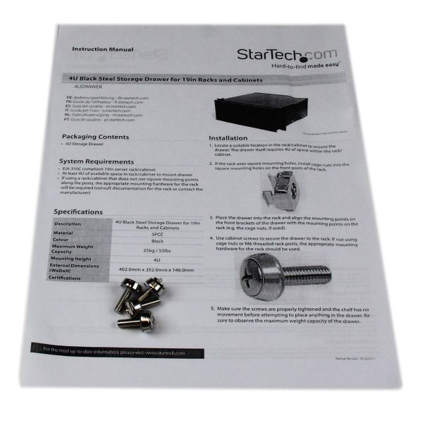 StarTech.com 4U Opberglade voor 19 inch Serverracks Serverkasten Zwart Staal (4UDRAWER)