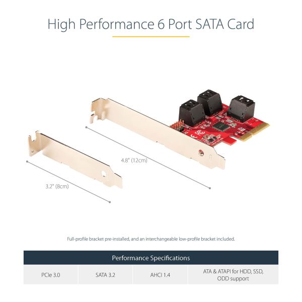 StarTech.com SATA PCIe Kaart, 6 Port PCIe SATA Uitbreidingskaart, 6Gbps, Low Profile Bracket, Stacked SATA Connectors, ASM1166 Non-Raid, PCI Express naar SATA Converter (6P6G-PCIE-SATA-CARD)