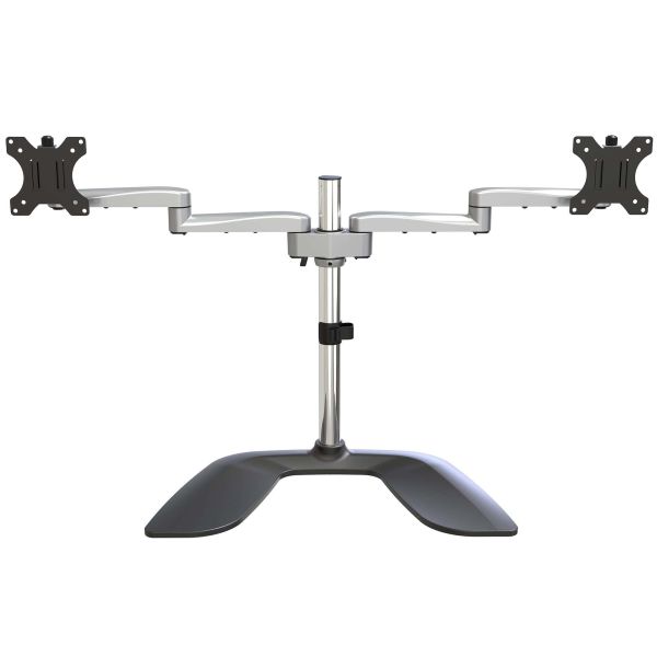 StarTech.com Dual Monitor Stand, Ergonomische Monitorstandaard voor VESA Schermen tot 32" (8kg), Vrijstaande en Scharnierende Universele Monitorsteun/Bureaustandaard, Verstelbare Hoogte, Zilver (ARMDUALSS)