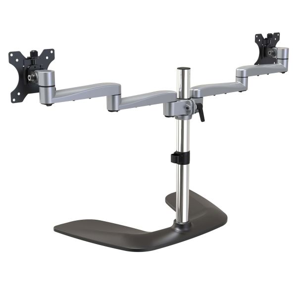 StarTech.com Dual Monitor Stand, Ergonomische Monitorstandaard voor VESA Schermen tot 32" (8kg), Vrijstaande en Scharnierende Universele Monitorsteun/Bureaustandaard, Verstelbare Hoogte, Zilver (ARMDUALSS)