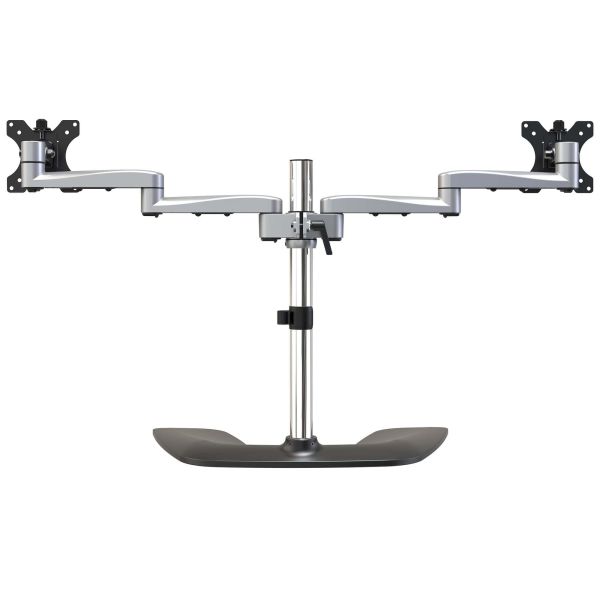 StarTech.com Dual Monitor Stand, Ergonomische Monitorstandaard voor VESA Schermen tot 32" (8kg), Vrijstaande en Scharnierende Universele Monitorsteun/Bureaustandaard, Verstelbare Hoogte, Zilver (ARMDUALSS)