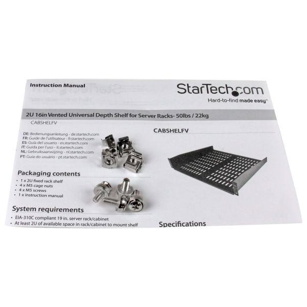 StarTech.com 2U Server Rack Schap - Universele Geventileerde Rack Mount Cantilever Shelf voor 19" Netwerk Kast & Apparatuur - Heavy Duty Staal - Capaciteit 23kg - Diepte 40cm (16”) - Zwart (CABSHELFV) (CABSHELFV) StarTech.com 2U Server Rack Schap - Universele Geventileerde Rack Mount Cantilever Shelf voor 19" Netwerk Kast & Apparatuur - Heavy Duty Staal - Capaciteit 23kg - Diepte 40cm (16”) - Zwart (CABSHELFV) (CABSHELFV)