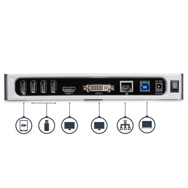 StarTech.com USB 3.0 Docking Station - Dual Monitor Laptop Docking Station met HDMI & DVI/VGA Video - 6-port USB 3.1 Gen 1 5Gbps Hub, GbE, Audio - Universeel USB Type-A Dock - Windows & Mac (DK30ADD)