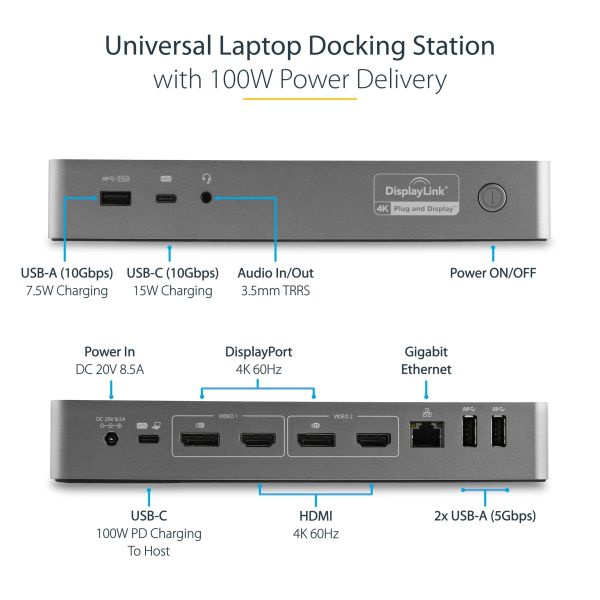 StarTech.com USB-C & USB-A Dock - Hybride Universeel Laptop Docking Station met 100W Power Delivery - Dual Monitor 4K 60Hz HDMI & DisplayPort - 4x USB 3.1 Gen 1 Hub, GbE - Windows & Mac (DK30C2DPEPUE)