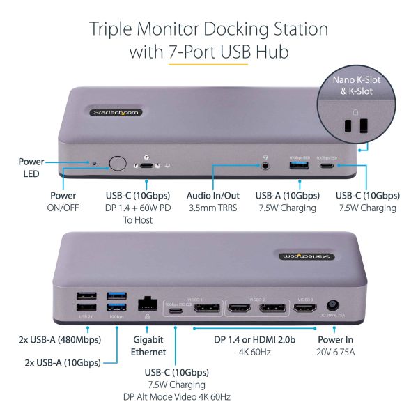 StarTech.com USB-C Docking Station, Multi Monitor USB-C Dock, HDMI/DP/DP Alt-mode, 3x 4K30 / 2x 4K60, 7-Port USB Hub, 60W Power Delivery, GbE, 3.5mm Audio, Works With Chromebook Certified (DK31C3MNCRUE)