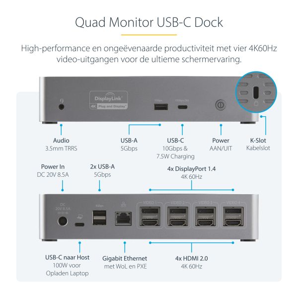 StarTech.com USB-C Dock, 4K 60Hz Quad Monitor DisplayPort & HDMI, Universeel USB Type-C Docking Station met 100W Power Delivery, USB Hub met 1x USB Type-C & 3x USB-A, Ethernet, Audio (DK31C4DPPDUE)