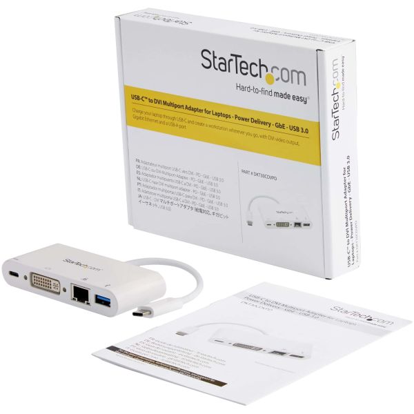 StarTech.com USB C Multiport Adapter, USB-C naar DVI-D (Digitaal) Video Adapter, 60W Power Delivery Passthrough Charging, GbE, USB-A, USB Type-C/Thunderbolt 3 Mini Laptop Dock (DKT30CDVPD)