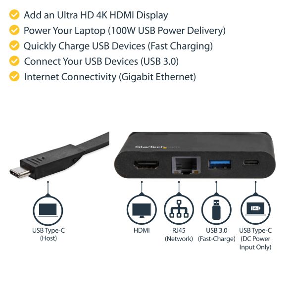 StarTech.com USB-C Multiport Adapter - Mini USB-C Dock met 4K HDMI - 100W PD 3.0 Pass-Through, 1x USB-A, 1x USB-C, GbE - Thunderbolt 3 & USB Type-C Laptop Travel Dock - Mac & Windows (DKT30CHCPD)