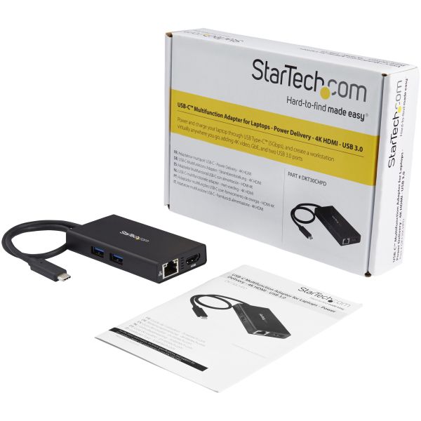 StarTech.com USB-C Multiport Adapter, USB-C Travel Dock met 4K HDMI, 60W Power Delivery Passthrough, GbE, 2pt USB-A 3.0 Hub, USB Type-C Mini Laptop Docking Station, Thunderbolt 3 Compatibel (DKT30CHPD)