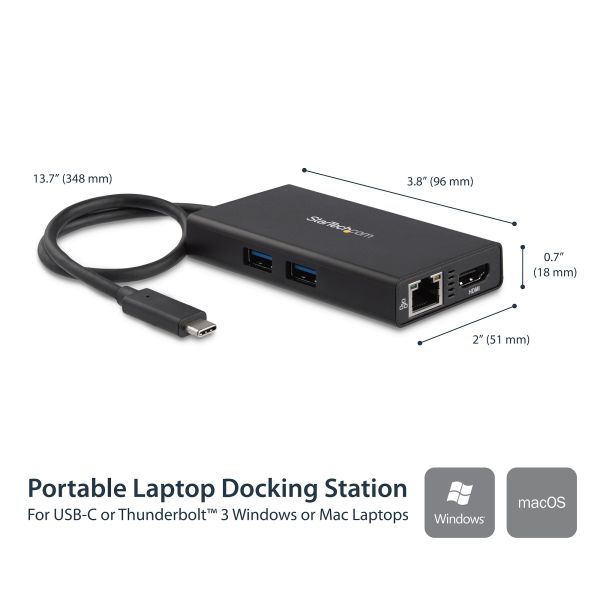 StarTech.com USB-C Multiport Adapter, USB-C Travel Dock met 4K HDMI, 60W Power Delivery Passthrough, GbE, 2pt USB-A 3.0 Hub, USB Type-C Mini Laptop Docking Station, Thunderbolt 3 Compatibel (DKT30CHPD)