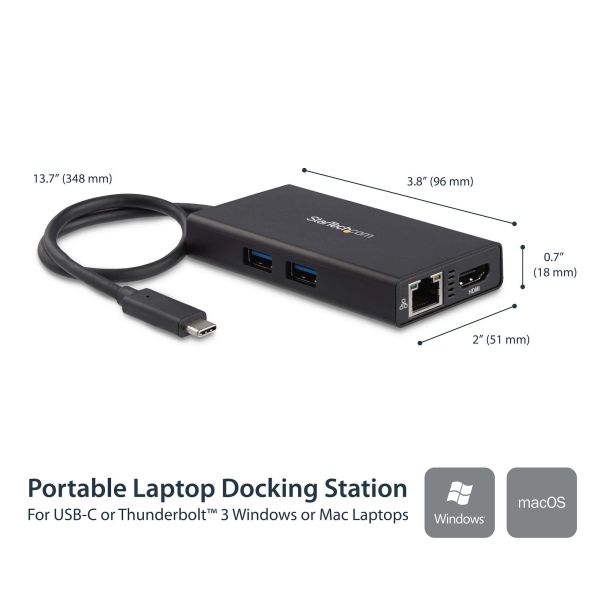 StarTech.com USB-C Multiport Adapter, USB-C Travel Dock met 4K HDMI, 60W Power Delivery Passthrough, GbE, 2pt USB-A 3.0 Hub, USB Type-C Mini Laptop Docking Station, Thunderbolt 3 Compatibel (DKT30CHPD)
