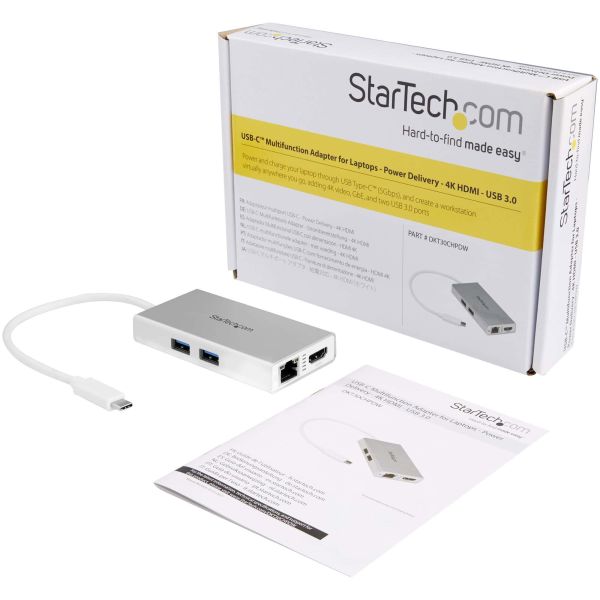 StarTech.com USB-C Multiport Adapter, USB-C Travel Dock met 4K HDMI, 60W Power Delivery Passthrough, GbE, 2pt USB-A 3.0 Hub, USB Type-C Mini Laptop Docking Station, Wit (DKT30CHPDW)