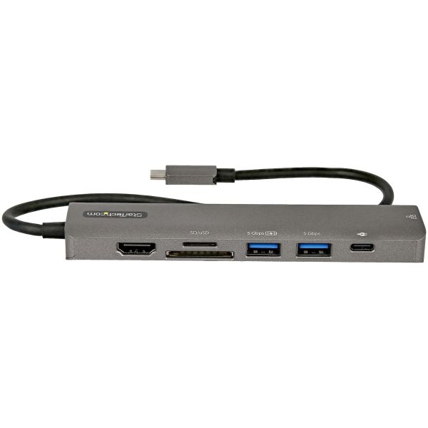 StarTech.com USB C Multiport Adapter - USB-C naar 4K 60Hz HDMI 2.0, 100W Power Delivery Pass-through, SD/MicroSD, 2-Port USB 3.0 Hub, GbE - USB Type-C Mini Dock - Lange (30cm) Kabel (DKT30CHSDPD1)