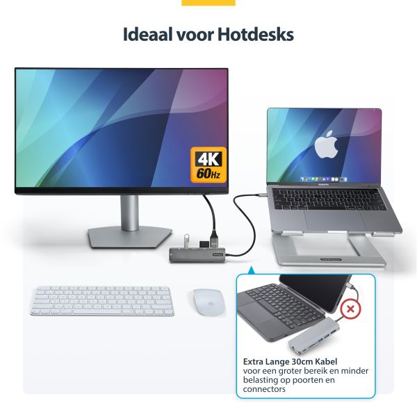 StarTech.com USB C Multiport Adapter - USB-C naar 4K 60Hz HDMI 2.0, 100W Power Delivery Pass-through, SD/MicroSD, 2-Port USB 3.0 Hub, GbE - USB Type-C Mini Dock - Lange (30cm) Kabel (DKT30CHSDPD1)