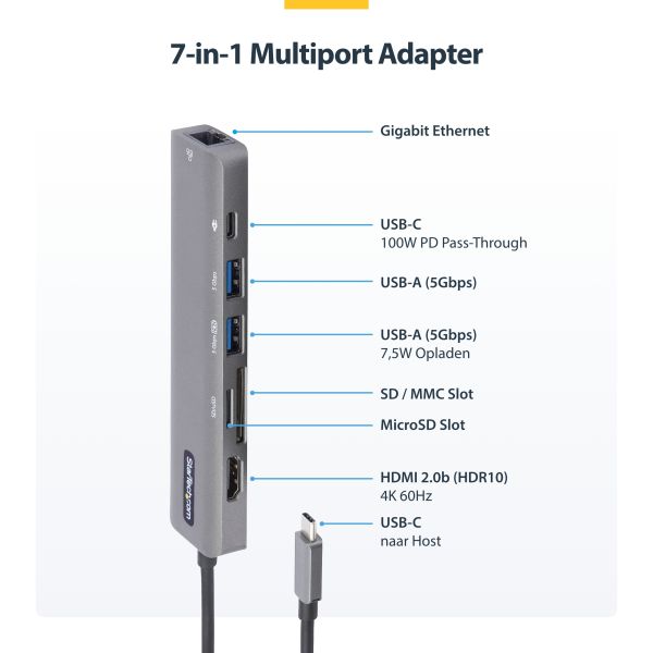 StarTech.com USB C Multiport Adapter - USB-C naar 4K 60Hz HDMI 2.0, 100W Power Delivery Pass-through, SD/MicroSD, 2-Port USB 3.0 Hub, GbE - USB Type-C Mini Dock - Lange (30cm) Kabel (DKT30CHSDPD1)