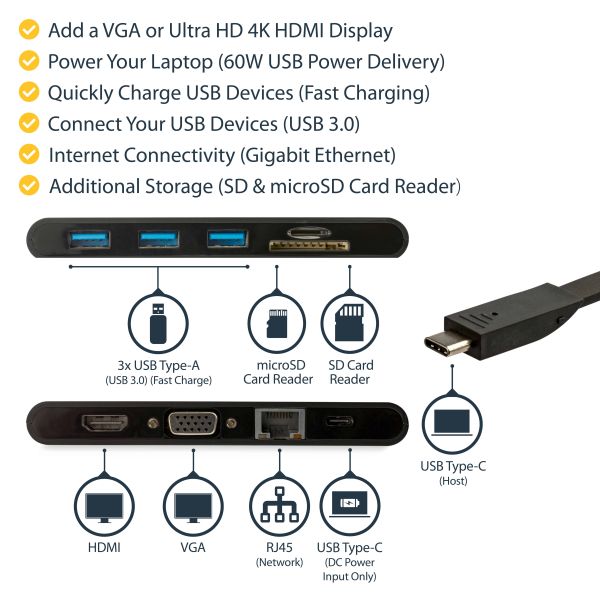 StarTech.com USB-C Multiport Adapter - USB Type-C 8-in-1 Mini Dock met HDMI 4K of VGA 1080p - 100W Power Delivery Passthrough, 3-Port USB 3.0 Hub, GbE, SD & MicroSD - Laptop Travel Dock (DKT30CHVSCPD)