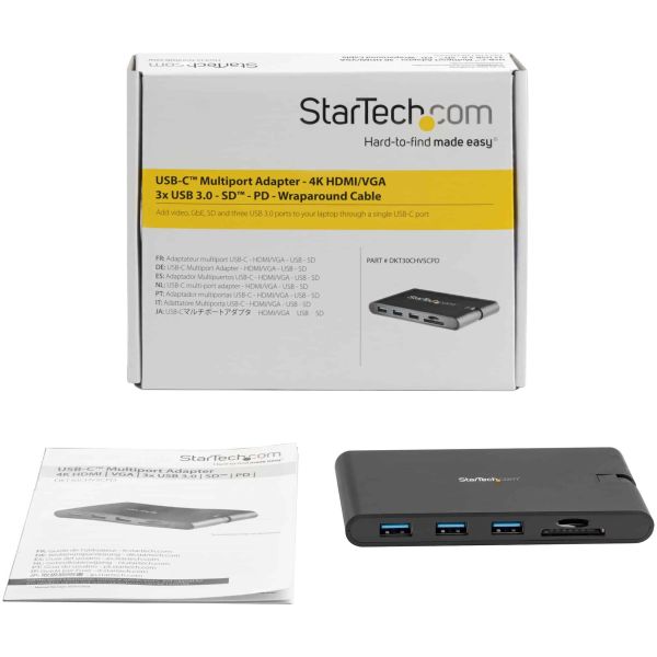 StarTech.com USB-C Multiport Adapter - USB Type-C 8-in-1 Mini Dock met HDMI 4K of VGA 1080p - 100W Power Delivery Passthrough, 3-Port USB 3.0 Hub, GbE, SD & MicroSD - Laptop Travel Dock (DKT30CHVSCPD)