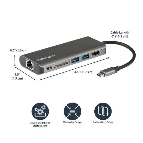StarTech.com USB-C Multiport Adapter - USB-C Travel Dock met 4K HDMI, 3x USB 3.0 Hub, SD/SDHC, GbE, 60W PD 3.0 Pass-Through - Compacte USB-C Mini Docking Station USB Type-C/Thunderbolt 3 (DKT30CSDHPD3)