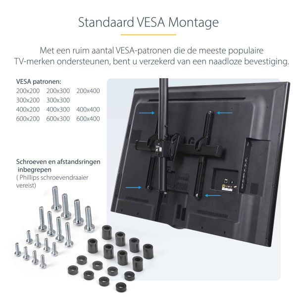 StarTech.com TV Plafondbeugel, Full-Motion Universele Ophangbeugel, Hangende VESA Beugel voor Single 32”-75" TVs / Displays, Kantelen/Zwenken, In hoogte verstelbare telescopische paal (FLATPNLCEIL)  StarTech.com TV Plafondbeugel, Full-Motion Universele Ophangbeugel, Hangende VESA Beugel voor Single 32”-75" TVs / Displays, Kantelen/Zwenken, In hoogte verstelbare telescopische paal (FLATPNLCEIL)