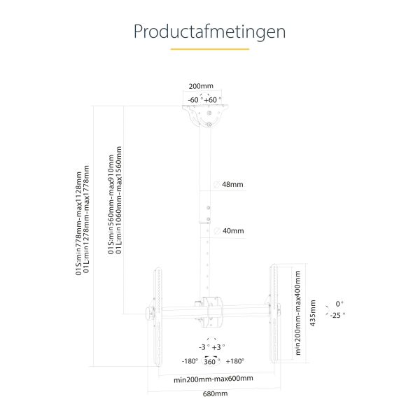 StarTech.com TV Plafondbeugel, Full-Motion Universele Ophangbeugel, Hangende VESA Beugel voor Single 32”-75" TVs / Displays, Kantelen/Zwenken, In hoogte verstelbare telescopische paal (FLATPNLCEIL)  StarTech.com TV Plafondbeugel, Full-Motion Universele Ophangbeugel, Hangende VESA Beugel voor Single 32”-75" TVs / Displays, Kantelen/Zwenken, In hoogte verstelbare telescopische paal (FLATPNLCEIL)