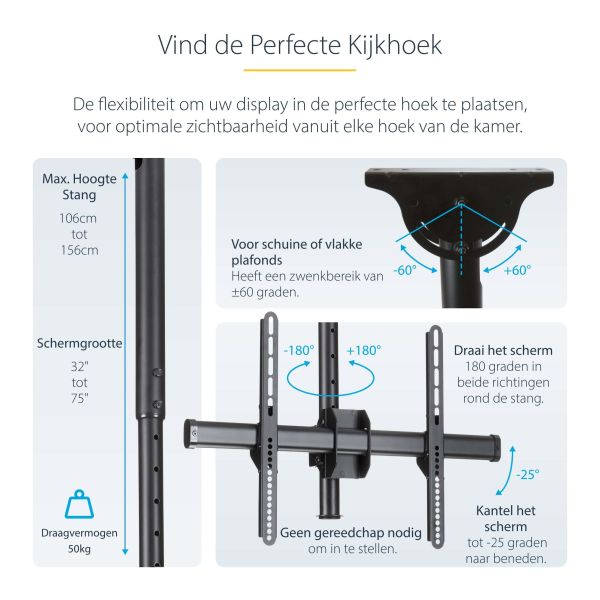 StarTech.com TV Plafondbeugel, Full-Motion Universele Ophangbeugel, Hangende VESA Beugel voor Single 32”-75" TVs / Displays, Kantelen/Zwenken, In hoogte verstelbare telescopische paal (FLATPNLCEIL)  StarTech.com TV Plafondbeugel, Full-Motion Universele Ophangbeugel, Hangende VESA Beugel voor Single 32”-75" TVs / Displays, Kantelen/Zwenken, In hoogte verstelbare telescopische paal (FLATPNLCEIL)