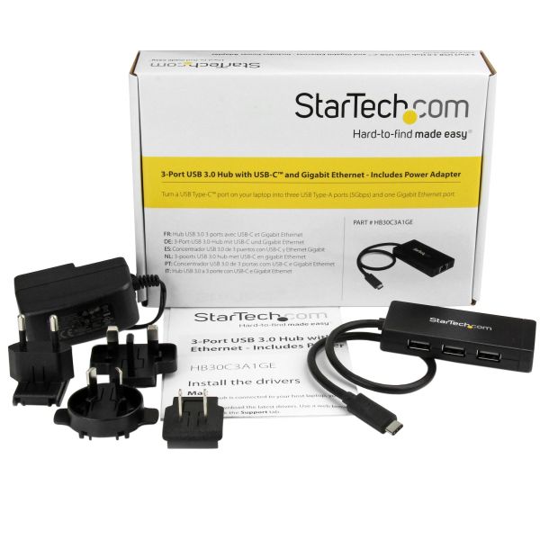 StarTech.com 3 poorts USB C naar USB-A hub met Gigabit Ethernet - USB-C naar 3x USB-A - USB 3.0 (5Gbps) - Inclusief voedingsadapter (HB30C3A1GE)