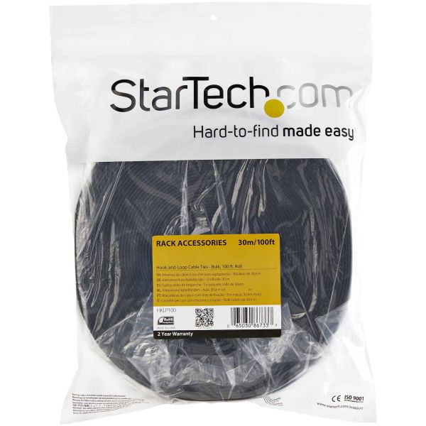 StarTech.com 7,6m Bulk Rol Klittenband - Op Maat te Knippen Herbruikbare Kabelbinders - Industriële Klitband Tape - Zelfklevende Klittenband Tyrap Strips - Zwart (HKLP25)