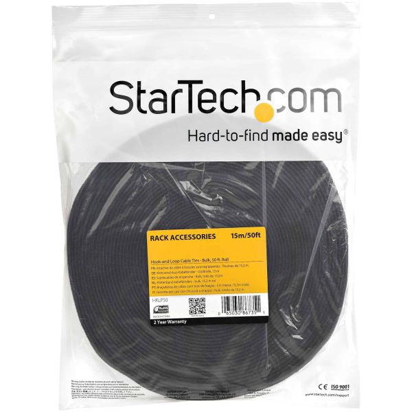 StarTech.com 15m Bulk Rol Klittenband - Op Maat te Knippen Herbruikbare Kabelbinders - Industriële Klitband Tape - Zelfklevende Klittenband Tyrap Strips - Zwart (HKLP50)