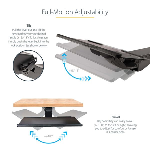 StarTech.com Uitschuifbare Bureau Toetsenbordlade, Full Motion Keyboard en Mouse Tray met Verstelbare Hoogte, 25 x 65cm Plateau, Ergonomisch Bureaublad voor Toetsenbord met Muismat en Polssteun (KBTRAYADJ2)