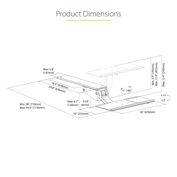 StarTech.com Uitschuifbare Bureau Toetsenbordlade, Full Motion Keyboard en Mouse Tray met Verstelbare Hoogte, 25 x 65cm Plateau, Ergonomisch Bureaublad voor Toetsenbord met Muismat en Polssteun (KBTRAYADJ2)