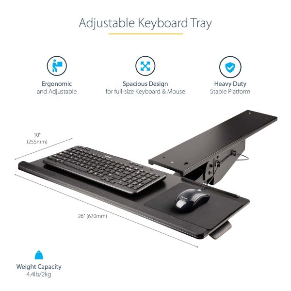 StarTech.com Uitschuifbare Bureau Toetsenbordlade, Full Motion Keyboard en Mouse Tray met Verstelbare Hoogte, 25 x 65cm Plateau, Ergonomisch Bureaublad voor Toetsenbord met Muismat en Polssteun (KBTRAYADJ2)