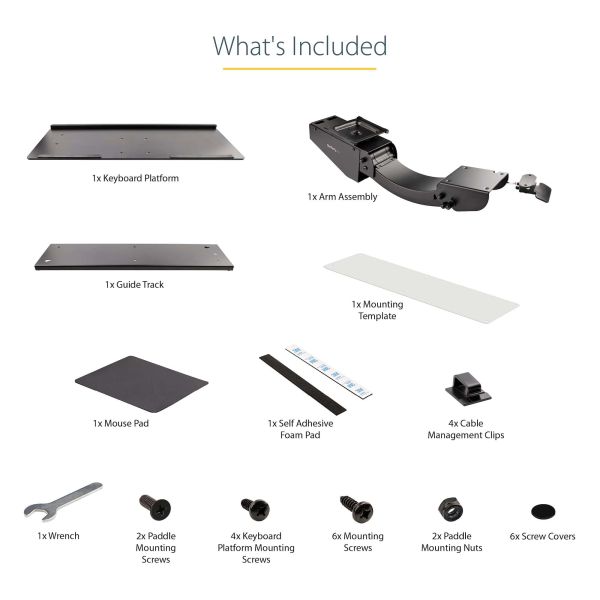 StarTech.com Uitschuifbare Bureau Toetsenbordlade, Full Motion Keyboard en Mouse Tray met Verstelbare Hoogte, 25 x 65cm Plateau, Ergonomisch Bureaublad voor Toetsenbord met Muismat en Polssteun (KBTRAYADJ2)