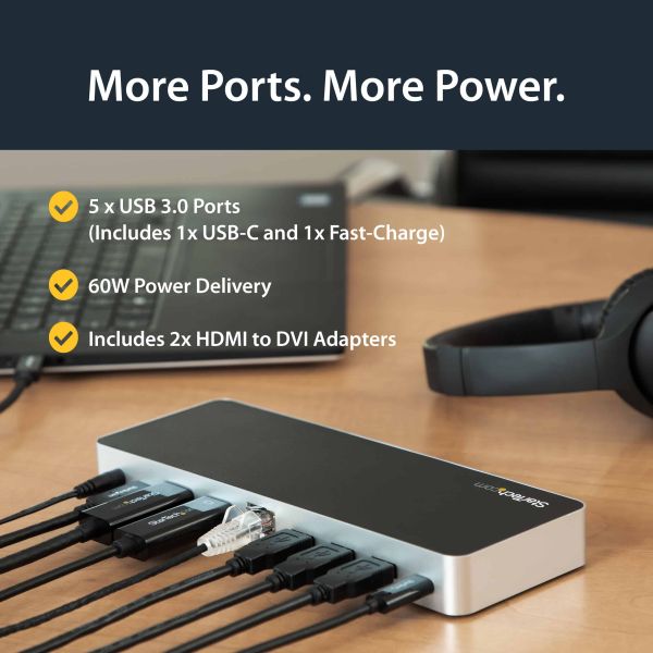 StarTech.com Dual-Monitor USB-C docking station, 60W Power Delivery voor Windows Laptops, USB Type-C naar HDMI / DVI Dock, USB 3.1 Gen 1 Type C Dock met Lader, 5x USB, Thunderbolt 3 Compatibel (MST30C2HHPDU)