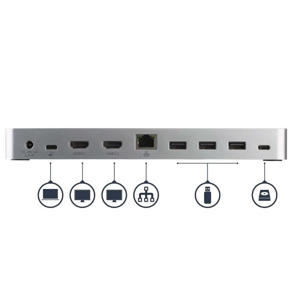 StarTech.com Dual-Monitor USB-C docking station, 60W Power Delivery voor Windows Laptops, USB Type-C naar HDMI / DVI Dock, USB 3.1 Gen 1 Type C Dock met Lader, 5x USB, Thunderbolt 3 Compatibel (MST30C2HHPDU)