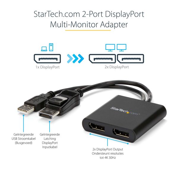 StarTech.com Dual-Monitor DisplayPort 1.2 Splitter, DisplayPort naar 2x DP Multi-Monitor Adapter, Dual 4K 30Hz of 1080p 60Hz Computer MST Hub, USB Bus-Powered - Enkel Windows (MSTDP122DP)