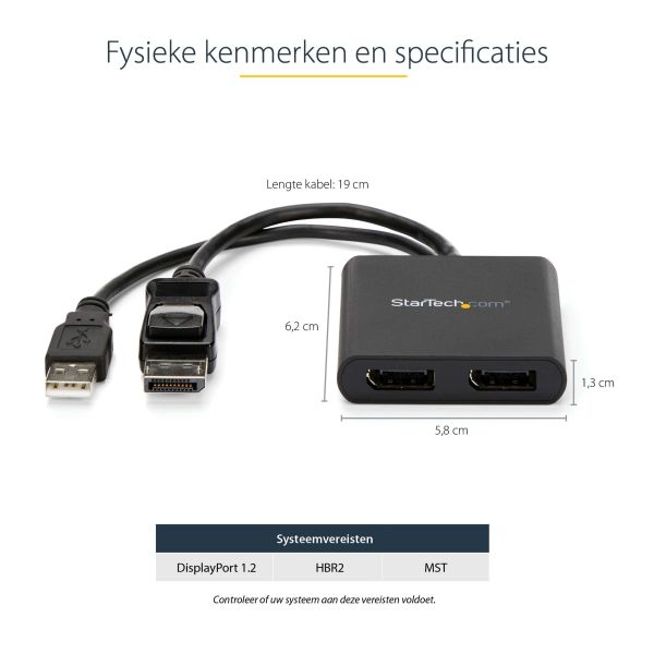 StarTech.com Dual-Monitor DisplayPort 1.2 Splitter, DisplayPort naar 2x DP Multi-Monitor Adapter, Dual 4K 30Hz of 1080p 60Hz Computer MST Hub, USB Bus-Powered - Enkel Windows (MSTDP122DP)