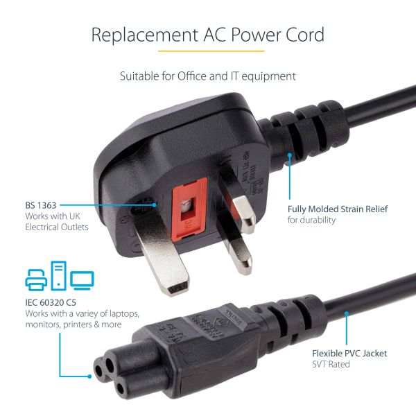 StarTech.com 2m UK Laptop Stroomkabel, BS 1363 to C5 (Clover Leaf), 2.5A 250V, 18AWG, UK Laptop Vervangkabel, Printer Voedingskabel, Laptop Lader Kabel / Laadkabel (PXTNB3SUK2M)